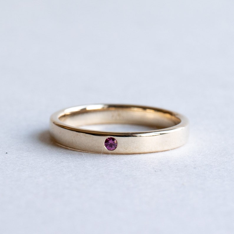 14k Yellow Gold Ruby Ring, 3mm Wedding Band, Flush Setting Ruby Ring, Flat Band, Rose and Choc Ring, Stacking Ring image 3