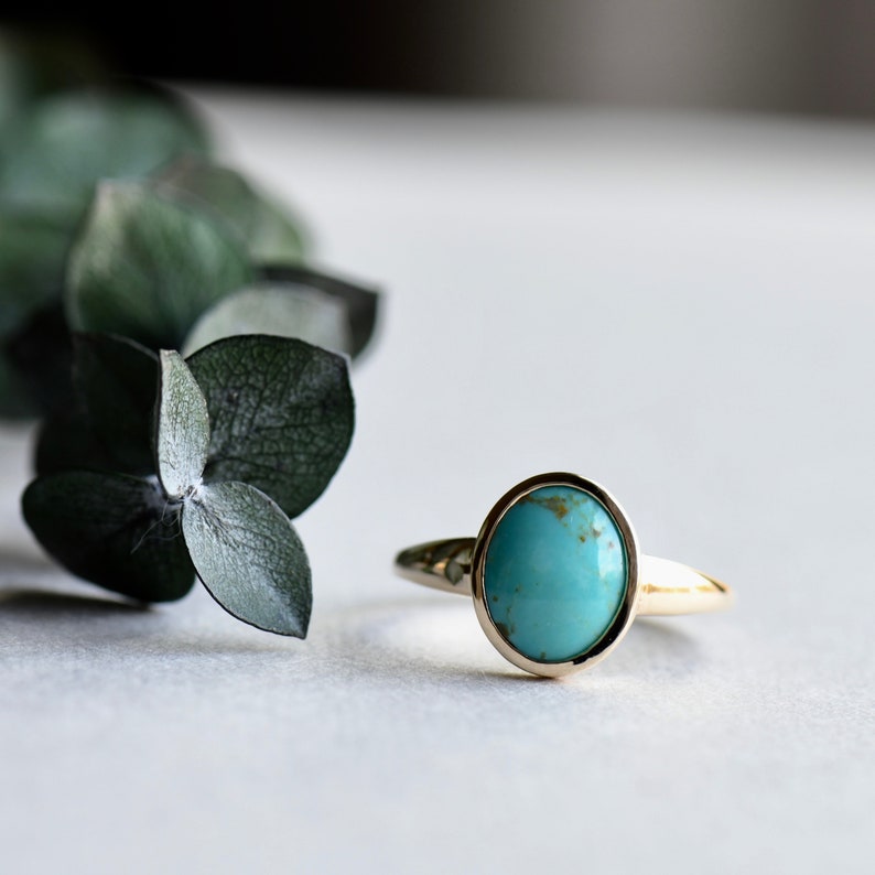 14k Yellow Gold Turquoise Cabochon Ring, Kingman Turquoise Ring, Statement Ring, Rose and Choc, Signet Ring, Cocktail Ring, Oval Ring image 4