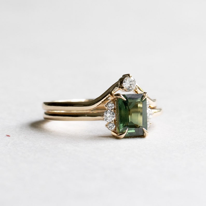 14K Green Sapphire Ring, 1 Carat Emerald Cut Engagement Ring, Yellow Gold Ring, Rose and Choc image 3