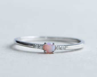 925 Sterling Silver Opal Ring, Round Ring, Dainty Ring, 925 Sterling Silver Ring, Rose and Choc