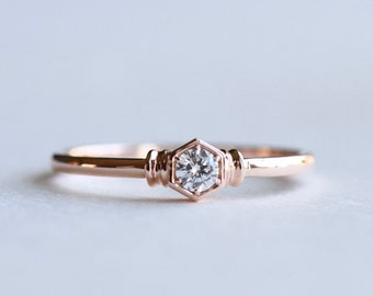 Size 5.5, 0.1 Carat Diamond Ring, Hammered Band, Hexagon Ring, Honeycomb Ring, Dainty Ring, Minimalist Ring, Engagement Ring
