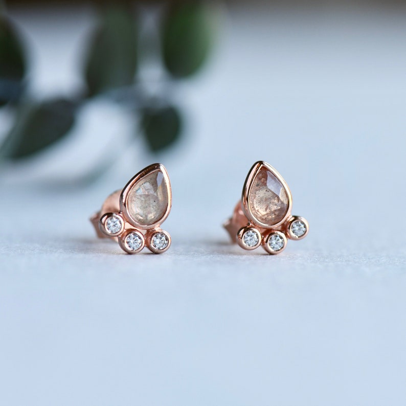 Cluster Earrings With Labradorite, Teardrop Earrings, Pear Stud Earrings, Rose Gold Earrings, Gold Earrings image 3