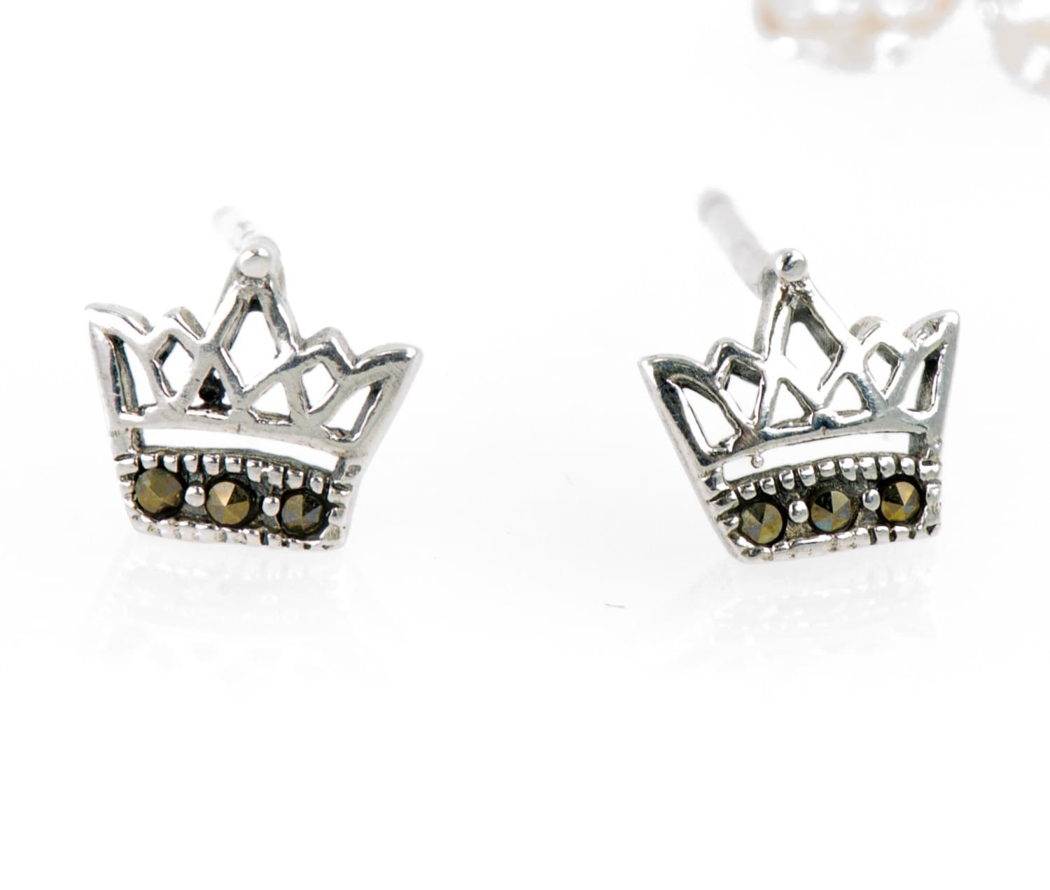 Petite Crown Stud Earrings, 925 Sterling Silver, Marcasite