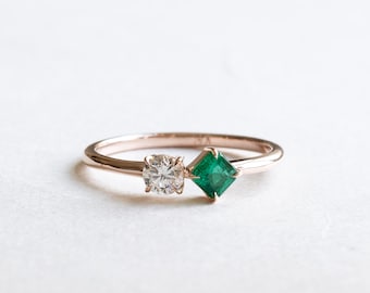 14K Rose Gold Emerald Diamond Moi et Toi Ring, Rose and Choc Ring
