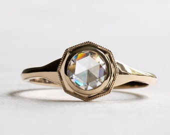 14k Gold Rose Cut Moissanite Ring, Yellow Gold Ring, Engagement Ring, Round Rose Cut Ring