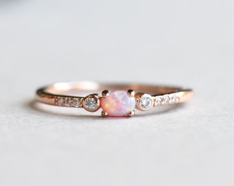 Rose Gold Vermeil Ring, Opaal Ring, Ronde Ring, Sierlijke Ring, 925 Sterling Zilveren Ring