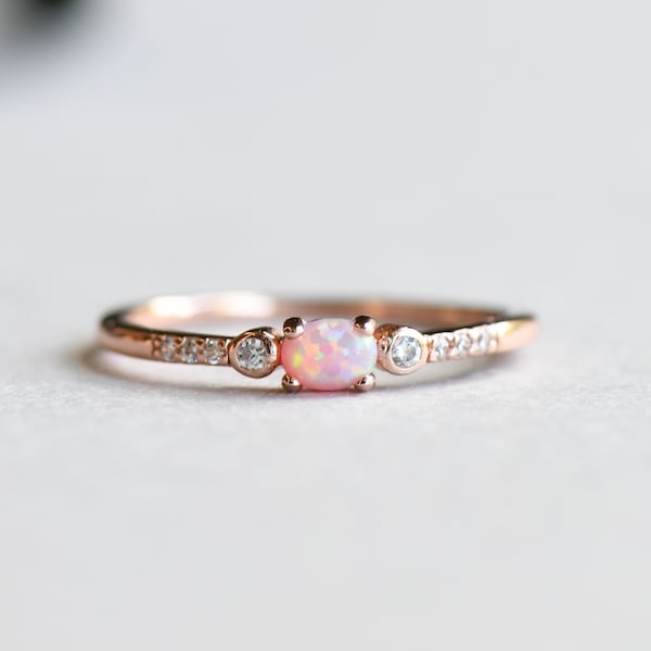 Bague en or rose vermeil, bague en opale, bague ronde, bague délicate, bague en argent sterling 925