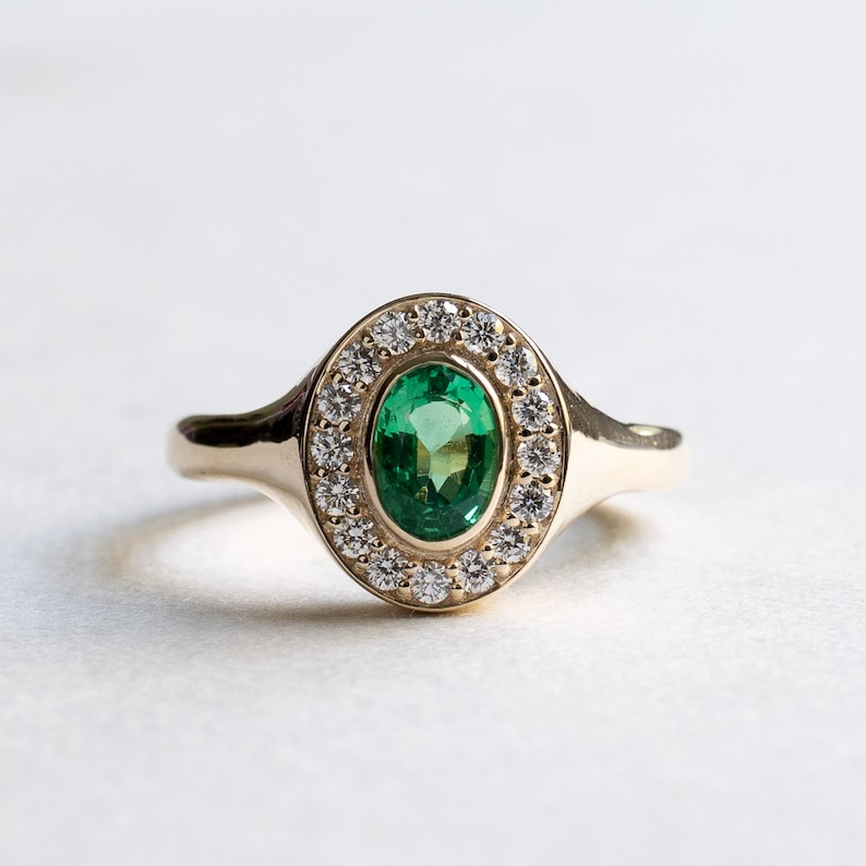 14k Emerald Oval Diamond Gold Ring, Oval Emerald Ring, Signet Ring, Emerald Signet Ring, Oval Signet Ring, Rose and Choc Ring image 1