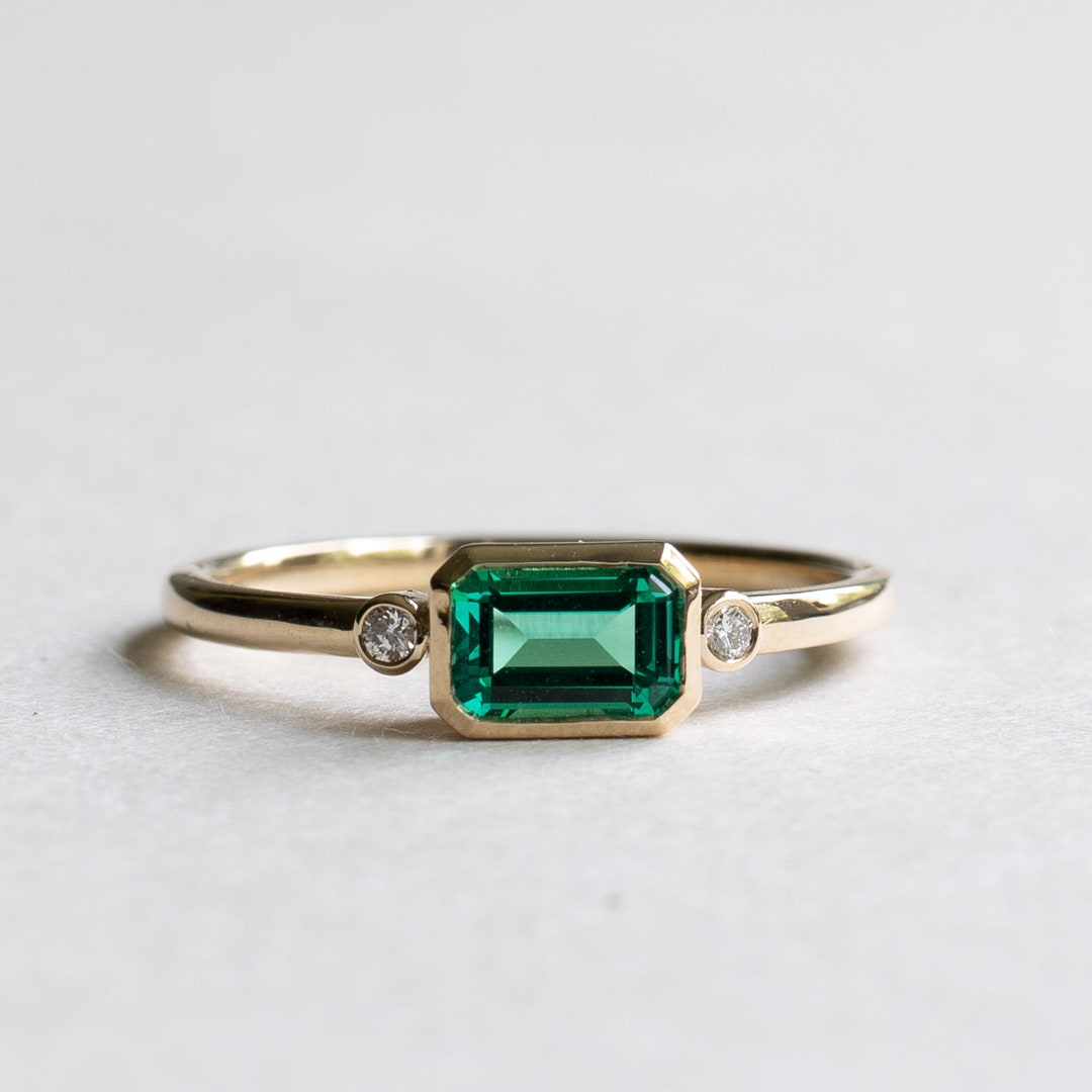 14K Emerald Ring, 0.55 CT Lab Created Emerald Ring, Diamond Ring, Rose ...
