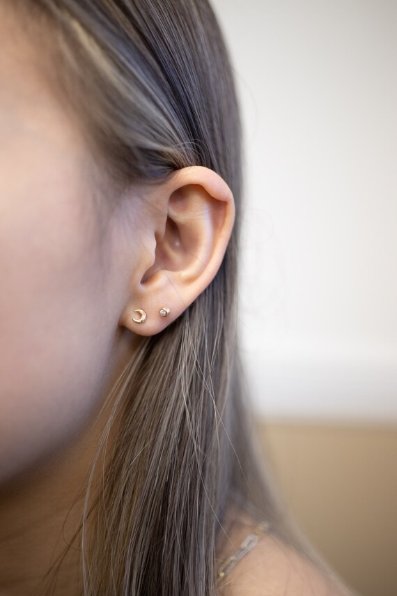 14k Solid Gold Diamond Half Moon Dainty Stud Earrings Stud