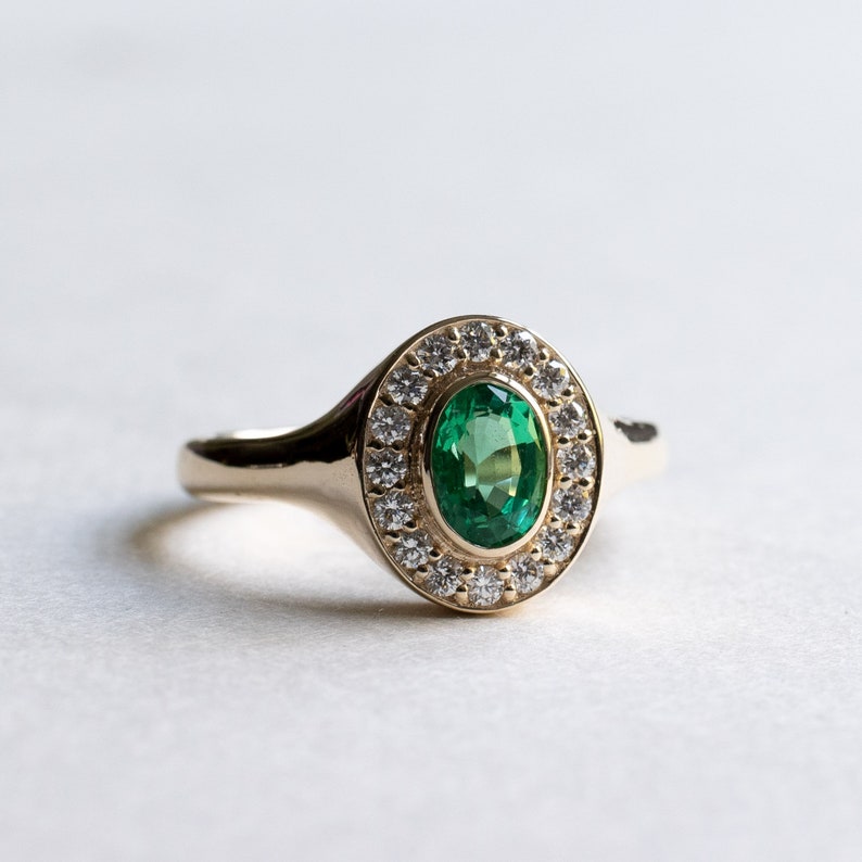 14k Emerald Oval Diamond Gold Ring, Oval Emerald Ring, Signet Ring, Emerald Signet Ring, Oval Signet Ring, Rose and Choc Ring image 3