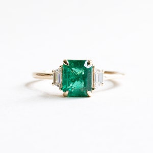 14K 1.17 CT Emerald Diamond Three Stone Ring, Emerald Engagement Ring, Natural Emerald Diamond Trapezoid Ring
