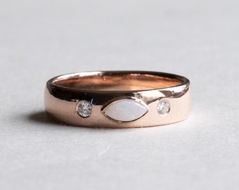14k Rose Gold Opal Marquise With Diamonds Band, 5mm Wedding Band, Alternative Wedding, Rose Gold Ring, Minimal Ring, Rose and Choc HRG111