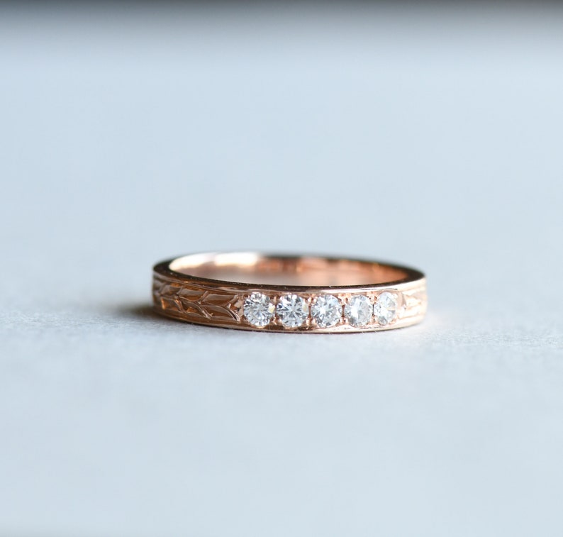 14k Rose Gold Diamond Band, Hand Engraved Wedding Band, Laurel Leaf Ring, Wedding Band, Bridal Ring, HRG028 image 5