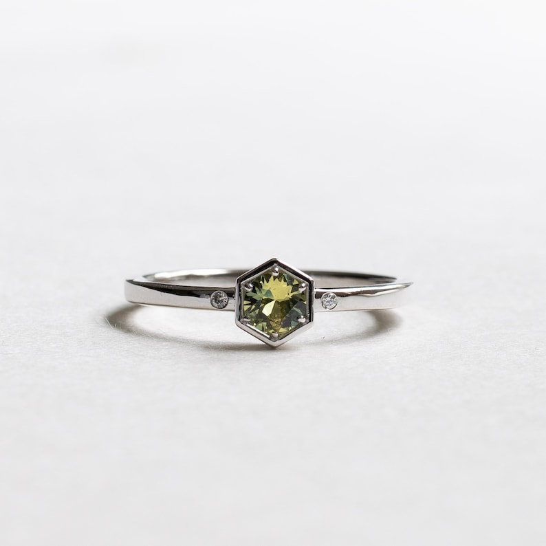 14K Two Tone Sapphire Hexagon Ring, Parti Sapphire Ring, Australian Sapphire Ring image 1
