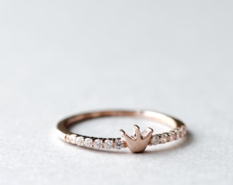 Rose Gold Crown Ring, Cubic Zirconia, Sterling Silver Base, Princess Crown, Crown Queen, Stackable Ring, Tiara Ring, Minimalist Style