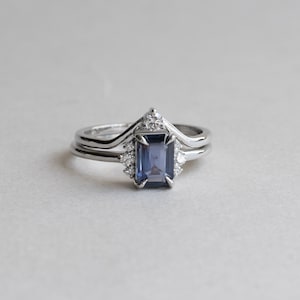 14K blauer Saphir Ring, 1 Karat Smaragdschliff Verlobungsring, Weißgoldring, Rose und Choc