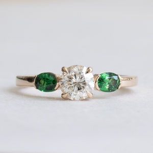 18k GIA 0.7 Carat Diamond Tsavorite Garnet Ring, Three Stone Ring, Alternative Bridal Ring