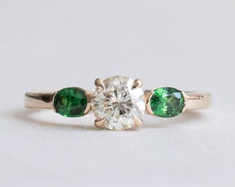 18k GIA 0.7 Carat Diamond Tsavorite Garnet Ring, Three Stone Ring, Alternative Bridal Ring