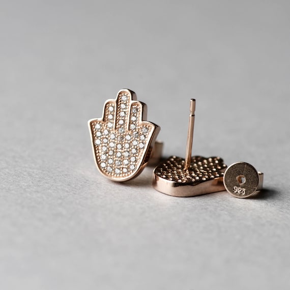 Hand of Fatima Studs with Sterling Silver Posts, Cubic Zirconia Stones, Rose Gold Plating, Minimalist Earrings, Hasma Earrings
