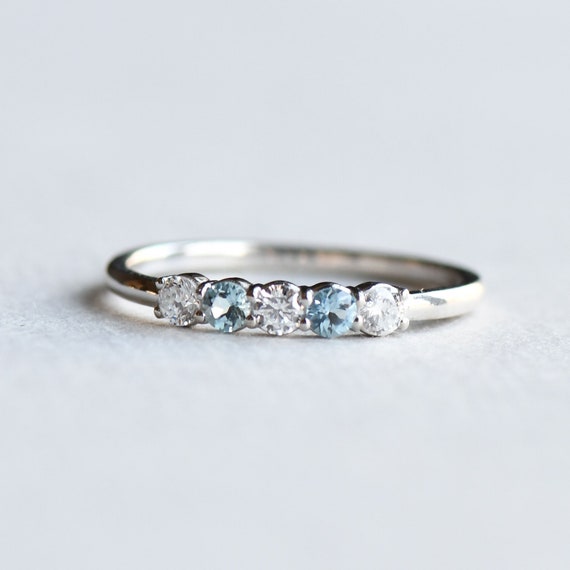 Diamond and Aquamarine Ring Five Stone Ring Engagement Ring - Etsy