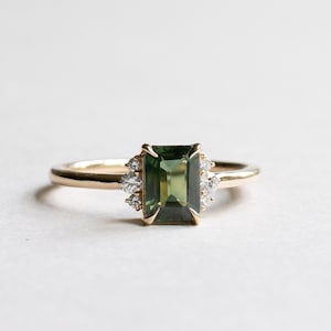 14K Green Sapphire Ring, 1 Carat Emerald Cut Engagement Ring, Yellow Gold Ring, Rose and Choc image 4