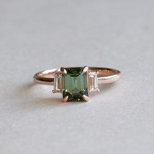 1.7 Carat Green Tourmaline Emerald Cut Ring With Baguette Diamonds, 14K Rose Gold Engagement Ring, Three Stone Ring
