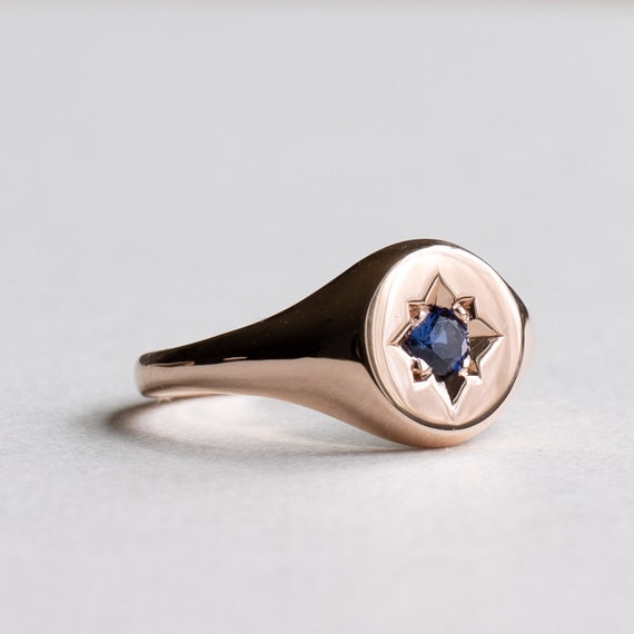 14k Solid Rose Gold Signet Ring, Sapphire Ring, Starburst Ring, Star Ring, Heirloom Ring, Bespoke Ring, Rose and Choc Ring