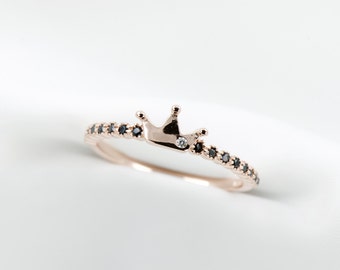 Rose Gold Plated Sterling Silver Queen Crown Ring: Black Cubic Zirconia