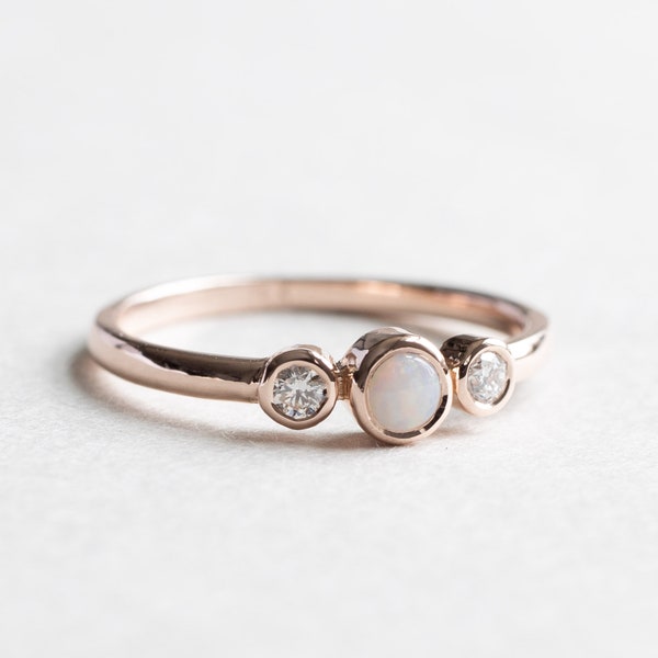 14K Opal Trio-ring, Oostenrijkse opaal, roségouden ring, opaalring, diamanten ring, Oostenrijkse opaalring, roos en chocolade