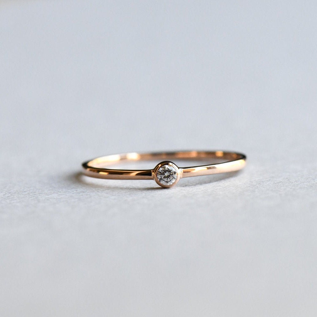 9k Rose Gold Bezel Solitaire Dainty Ring Minimalist Ring | Etsy