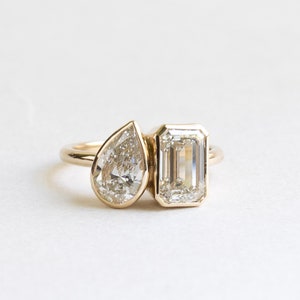 Anillo Moi et Toi con diamantes de laboratorio en bisel de 14 quilates, anillo con diamantes de talla esmeralda de 2 quilates, anillo You and Me, anillo Rose and Choc, anillo de compromiso con diamantes