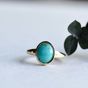 14k Yellow Gold Turquoise Cabochon Ring, Kingman Turquoise Ring, Statement Ring, Rose and Choc, Signet Ring, Cocktail Ring, Oval Ring image 1