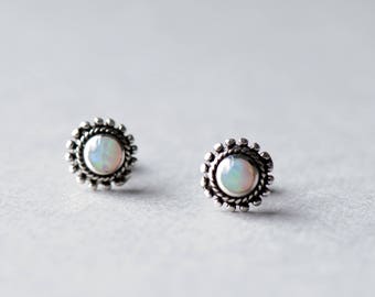 925 Sterling Silver Opal Earrings, Opal Studs, Round Studs, Rose and Choc Jewelry