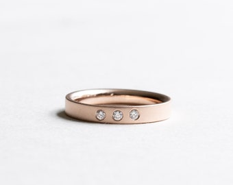 14K Rose Gold Trio Diamond Band, Wedding Band, Three Stone Band, Trio Ring, Flat Band