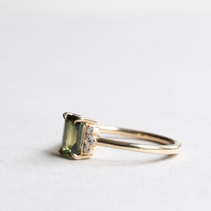 14K Green Sapphire Ring, 1 Carat Emerald Cut Engagement Ring, Yellow Gold Ring, Rose and Choc image 5