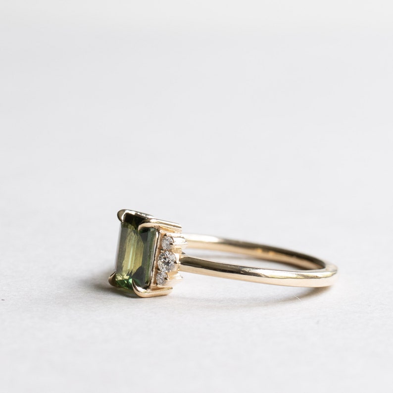 14K Green Sapphire Ring, 1 Carat Emerald Cut Engagement Ring, Yellow Gold Ring, Rose and Choc image 5