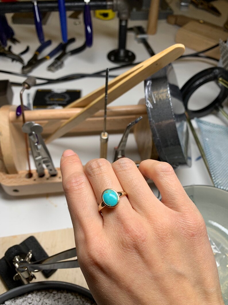 14k Yellow Gold Turquoise Cabochon Ring, Kingman Turquoise Ring, Statement Ring, Rose and Choc, Signet Ring, Cocktail Ring, Oval Ring image 6