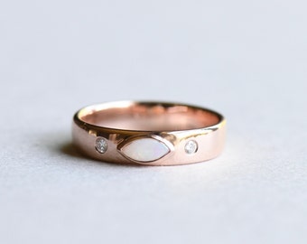 14k Rose Gold Opal Marquise With Diamonds Band, 4mm Wedding Band, Alternative Wedding, Rose Gold Ring, Minimal Ring, Rose and Choc HRG096