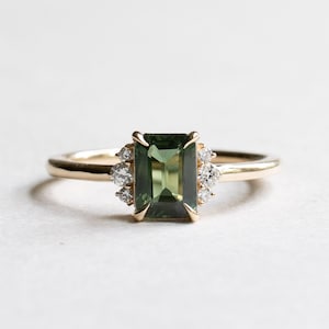 14K Green Sapphire Ring, 1 Carat Emerald Cut Engagement Ring, Yellow Gold Ring, Rose and Choc image 7