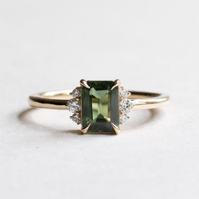 14K Green Sapphire Ring, 1 Carat Emerald Cut Engagement Ring, Yellow Gold Ring, Rose and Choc image 7