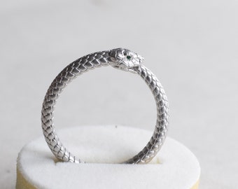 14k Solid White Gold Emerald Snake Band, Snake Ouroboros Ring, Rose and Choc Ring, Snake Ring