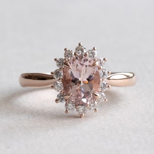 14k Rose Gold Pink Morganite Cluster Ring, Diamond Ring, Morganite Ring