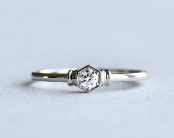 14K White Gold Solitaire 0.1 Carat Diamond Ring, Hexagon Ring, Honeycomb Ring, Dainty Ring, Minimalist Ring, Engagement Ring