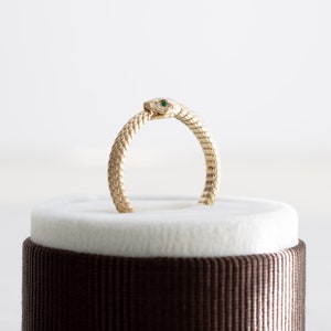 14k Solid Gold Emerald Snake Band, Snake Ouroboros Ring, Rose and Choc Ring, Snake Ring image 1