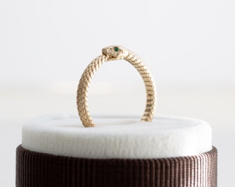 14k Solid Gold Emerald Snake Band, Snake Ouroboros Ring, Rose and Choc Ring, Snake Ring