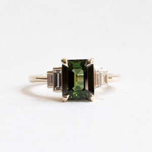 2.5 Carat Green Tourmaline Emerald Cut Ring With Baguette Diamonds, 14K Gold Engagement Ring, Five Stone Ring