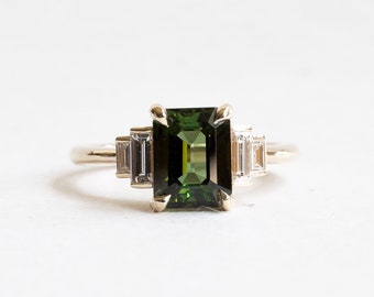 2.5 Carat Green Tourmaline Emerald Cut Ring With Baguette Diamonds, 14K Gold Engagement Ring, Five Stone Ring