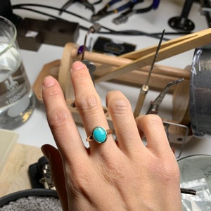 14k Yellow Gold Turquoise Cabochon Ring, Kingman Turquoise Ring, Statement Ring, Rose and Choc, Signet Ring, Cocktail Ring, Oval Ring image 3