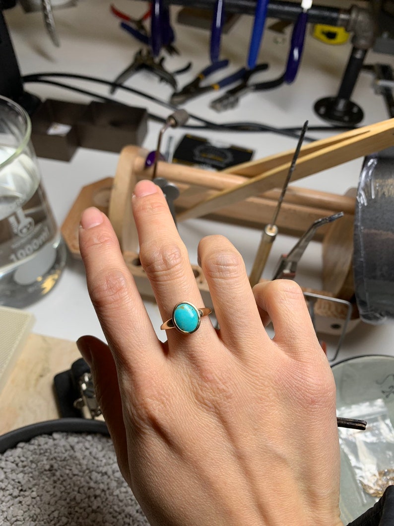 14k Yellow Gold Turquoise Cabochon Ring, Kingman Turquoise Ring, Statement Ring, Rose and Choc, Signet Ring, Cocktail Ring, Oval Ring image 3